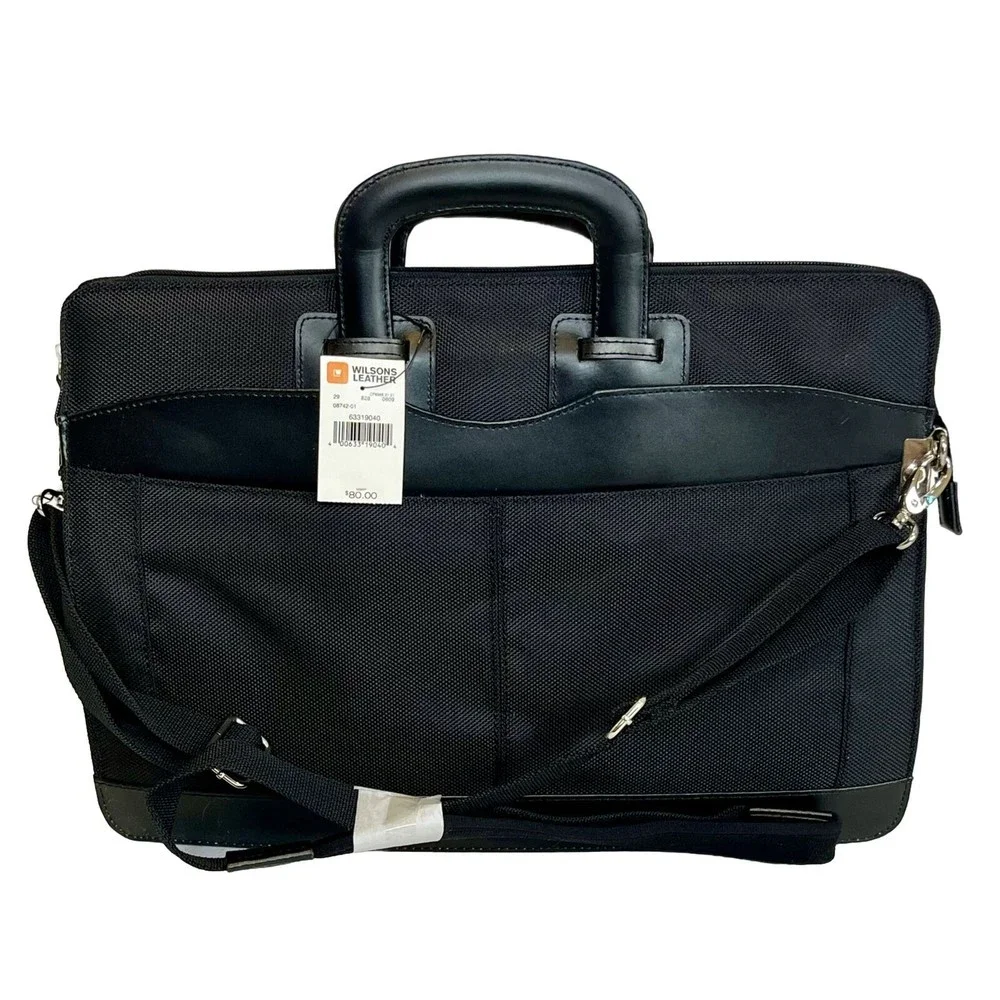 NWT 90s Y2K VTG Wilson Black Leather Trim Briefcase Handles Crossbody Bag